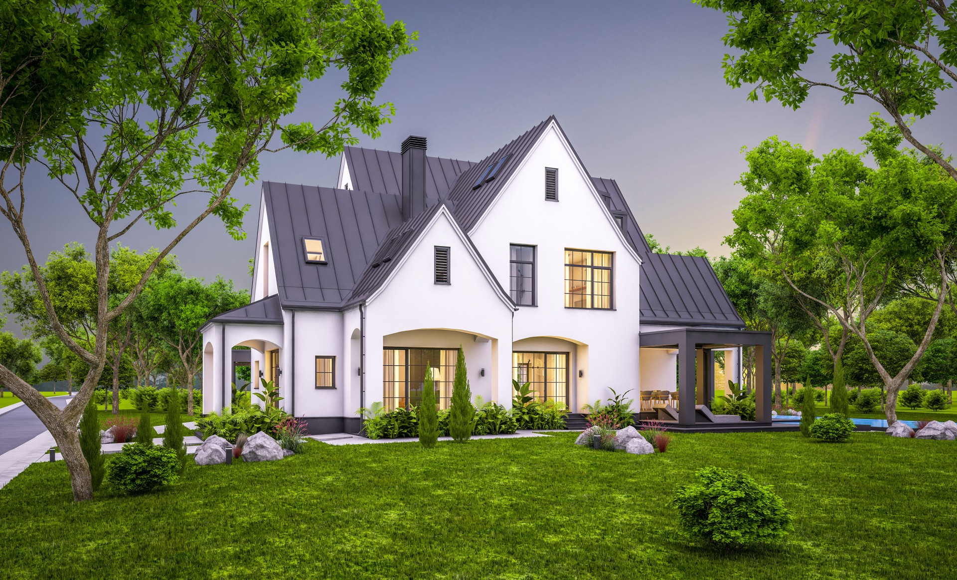 3d rendering of white and black modern Tudor house in evening